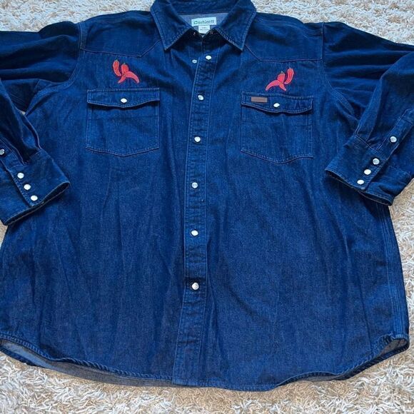Vintage Carhartt Denim Pearl Snap Shirt Rugged Western Cowboy 2XL - Picture 2 of 15